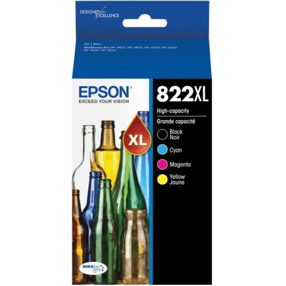 Epson 822XL DuraBrite High-Yield Black, Cyan, Magenta, Yellow Ink Cartridges, Pack of 4, T822XL-XCS