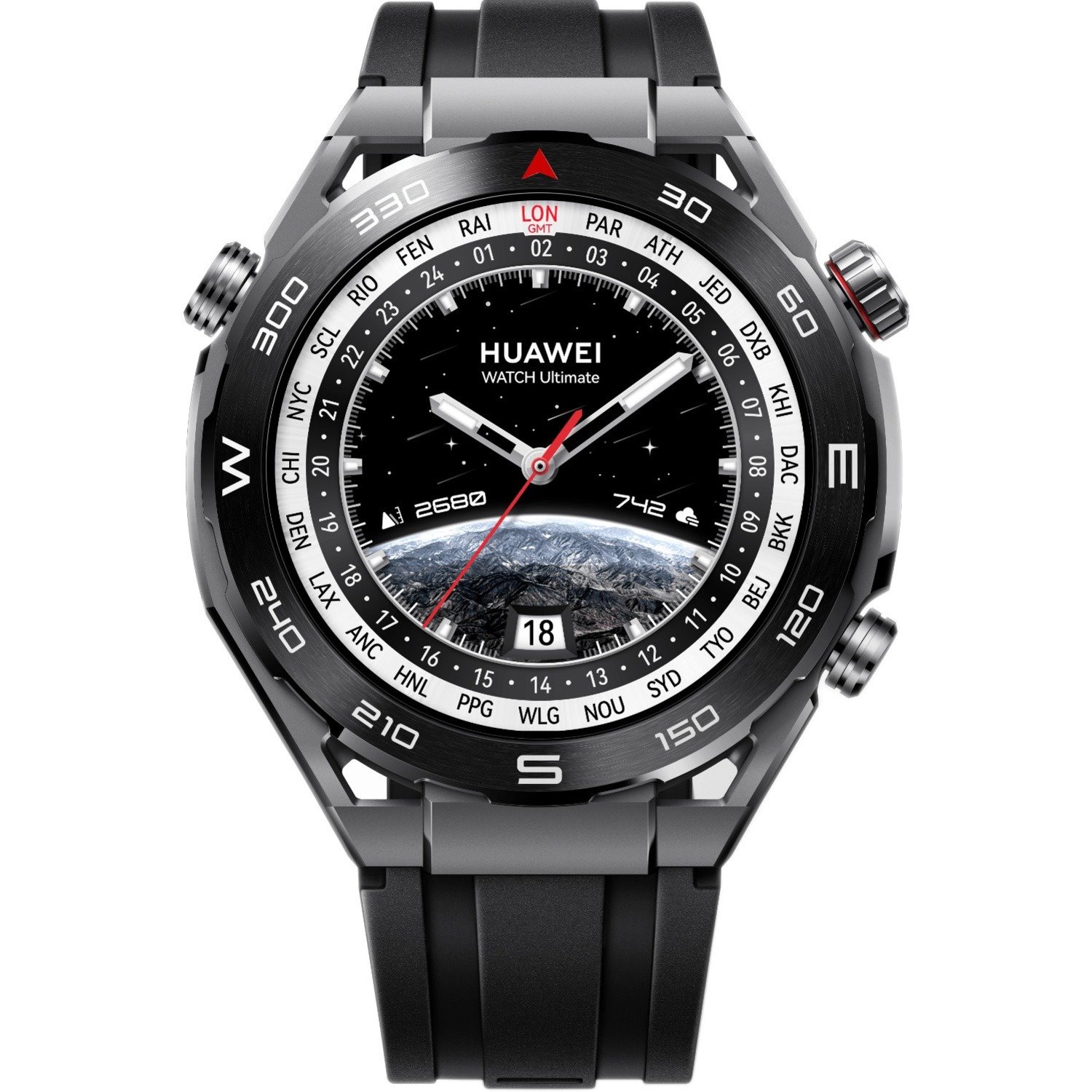 Huawei WATCH Ultimate Smart Watch - 48.50 mm Case Height - 48.50 mm Case Width - Black Case Color - Black Band Color - Ceramic Body Material - Nanocrystalline Ceramic, Metal Case Material - Hydrogenated Nitrile Butadiene Rubber (HNBR) Band Material