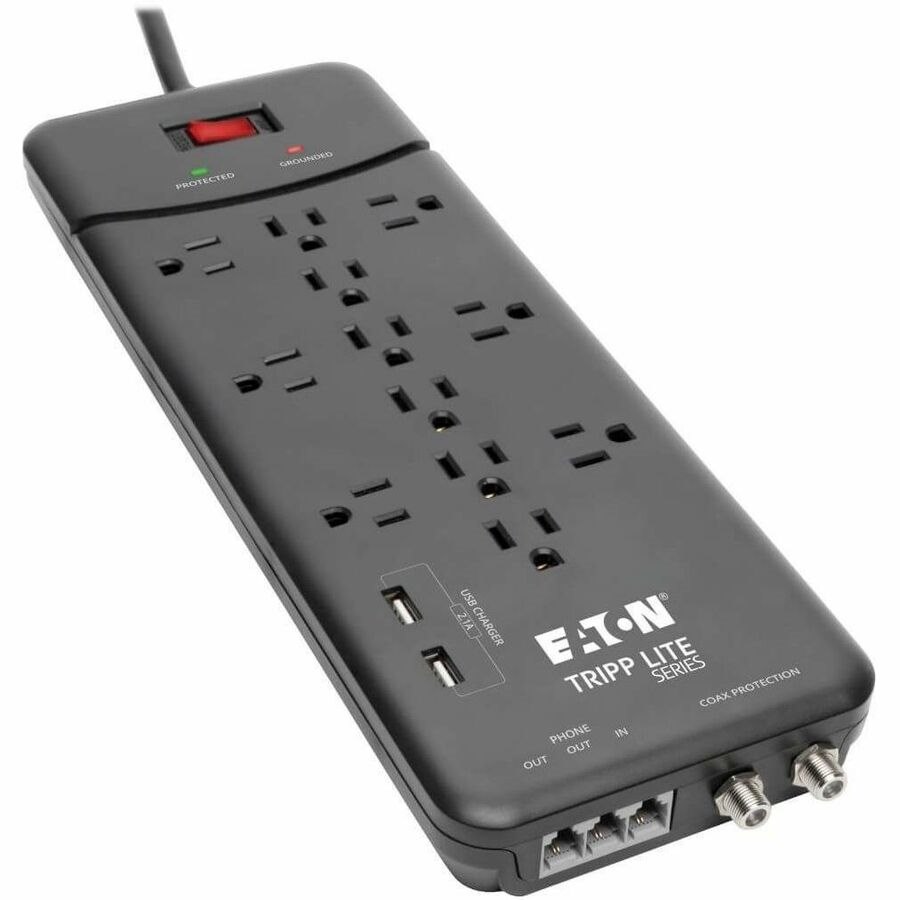 Eaton Tripp Lite Series Protect It! 12-Outlet Surge Protector, 8 ft. (2.43 m) Cord, 4320 Joules, Tel/Modem/Coax Protection, 2 USB Ports, Black