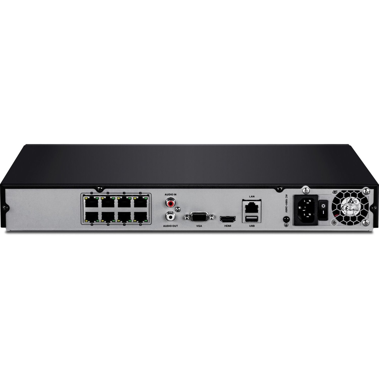 TRENDnet 8-Channel H.264/H.265 PoE+ NVR, 1080p HD, up to 12TB storage (HDDs not included), Supports one 4K Camera Channel, 8 PoE+ ports, 80W PoE Power Budget, Rackmount, TV-NVR408 , Black