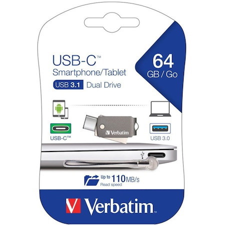 Verbatim 64 GB USB 3.0 Type C Flash Drive - Silver