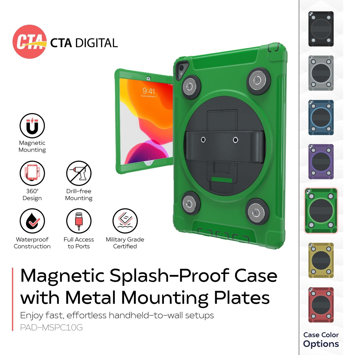 CTA Digital: Magnetic Splash-Proof Case with Metal Mounting Plates for iPad 7th & 8th Gen 10.2?, iPad Air 3 & iPad Pro 10.5?, Green