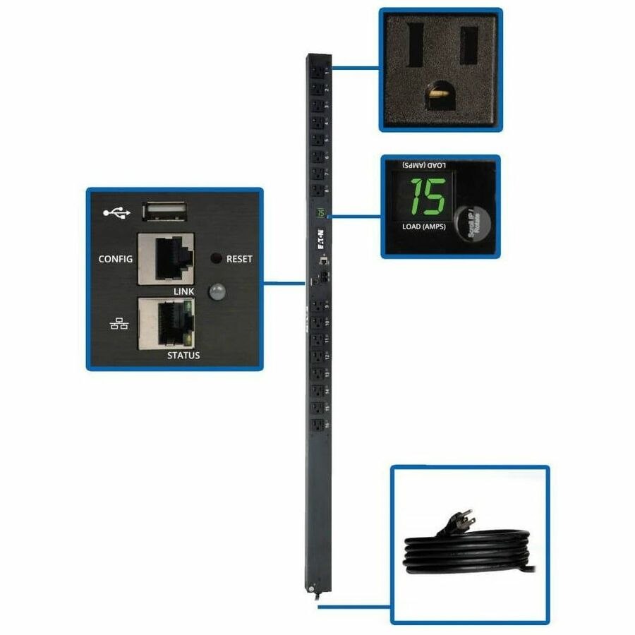 Eaton 1.4kW Single-Phase Switched PDU - LX Interface, 120V Outlets (16 5-15R), 10 ft. (3.05 m) Cord with 5-15P, 0U, TAA