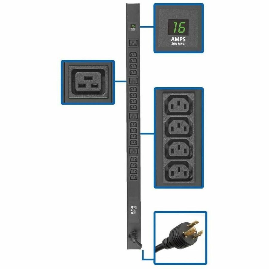 Eaton Tripp Lite Series 3.7kW 208/230V Single-Phase Local Metered PDU - 16 C13 & 4 C19 Outlets, C20/L6-20P Input, 10-ft. (3.05 m) Cord, 40 in. 0U Rack