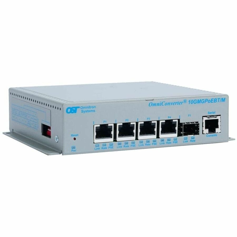 Omnitron Systems OmniConverter 10GMGPoEBT/M, 1x SFP/SFP+, 4x RJ-45 PoE/PSE, 5 Year Warranty