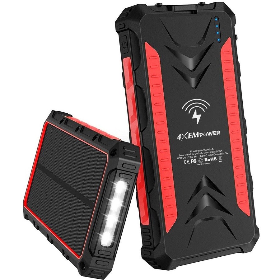 4XEM 20,000 maH Mobile Solar Power Bank and Charger (Red)