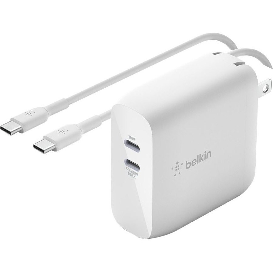 Belkin BoostCharge Dual USB-C GaN Wall Charger 68W and USB-C Cable Laptop Chromebook Charging - Power Adapter