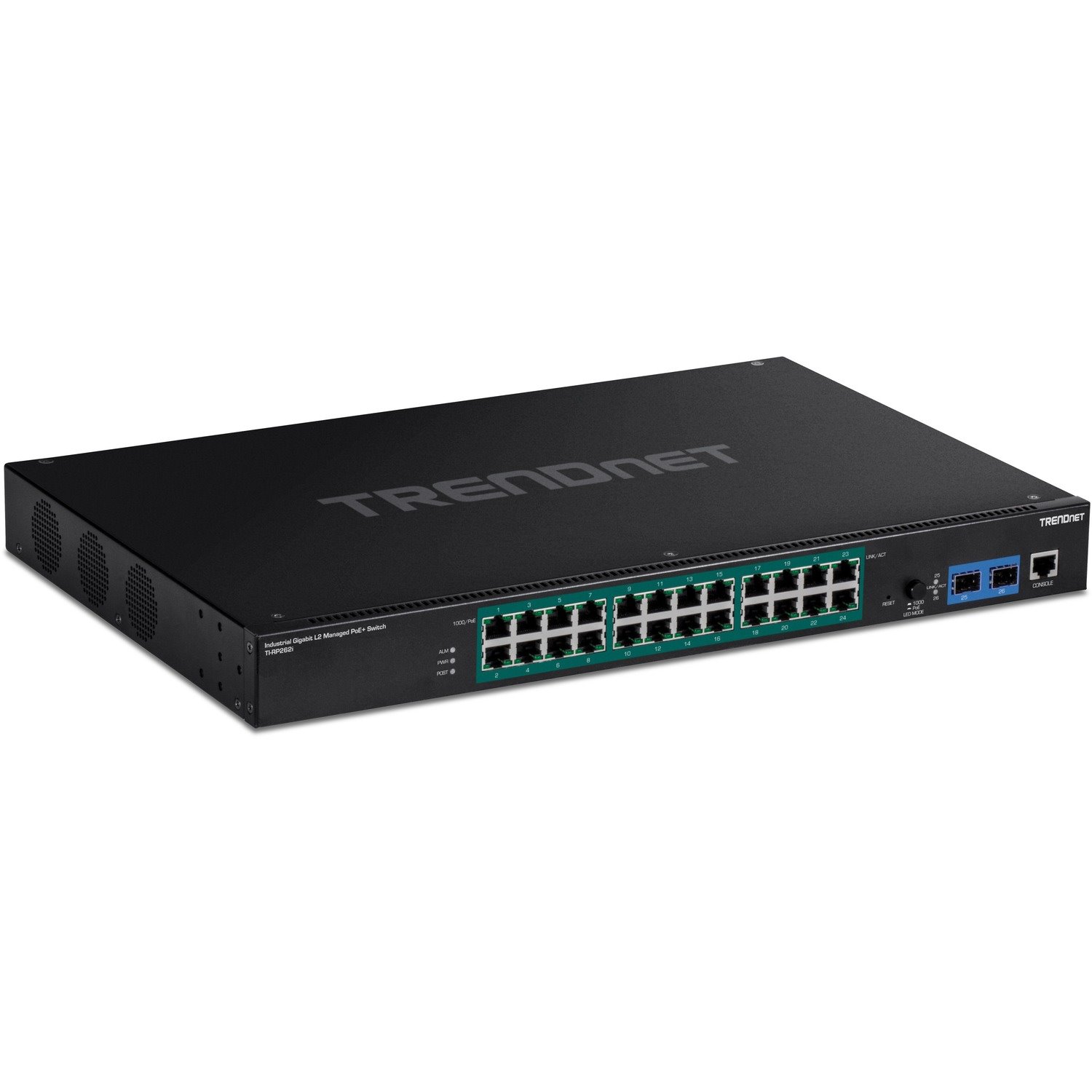 TRENDnet 26-Port Industrial Gigabit L2 Managed PoE+ Switch, TI-RP262i, 1U 19" Rackmount, 24 x Gigabit PoE+ Ports, 2 x SFP Slots (100/1000Base-FX), IP30, VLAN, QoS, 685W PoE Power Budget, Fanless