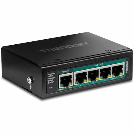 TRENDnet TI-B541, 5-Port Industrial Gigabit PoE++ Powered DIN-Rail Switch with PoE Pass-Through, Lifetime Protection, Black