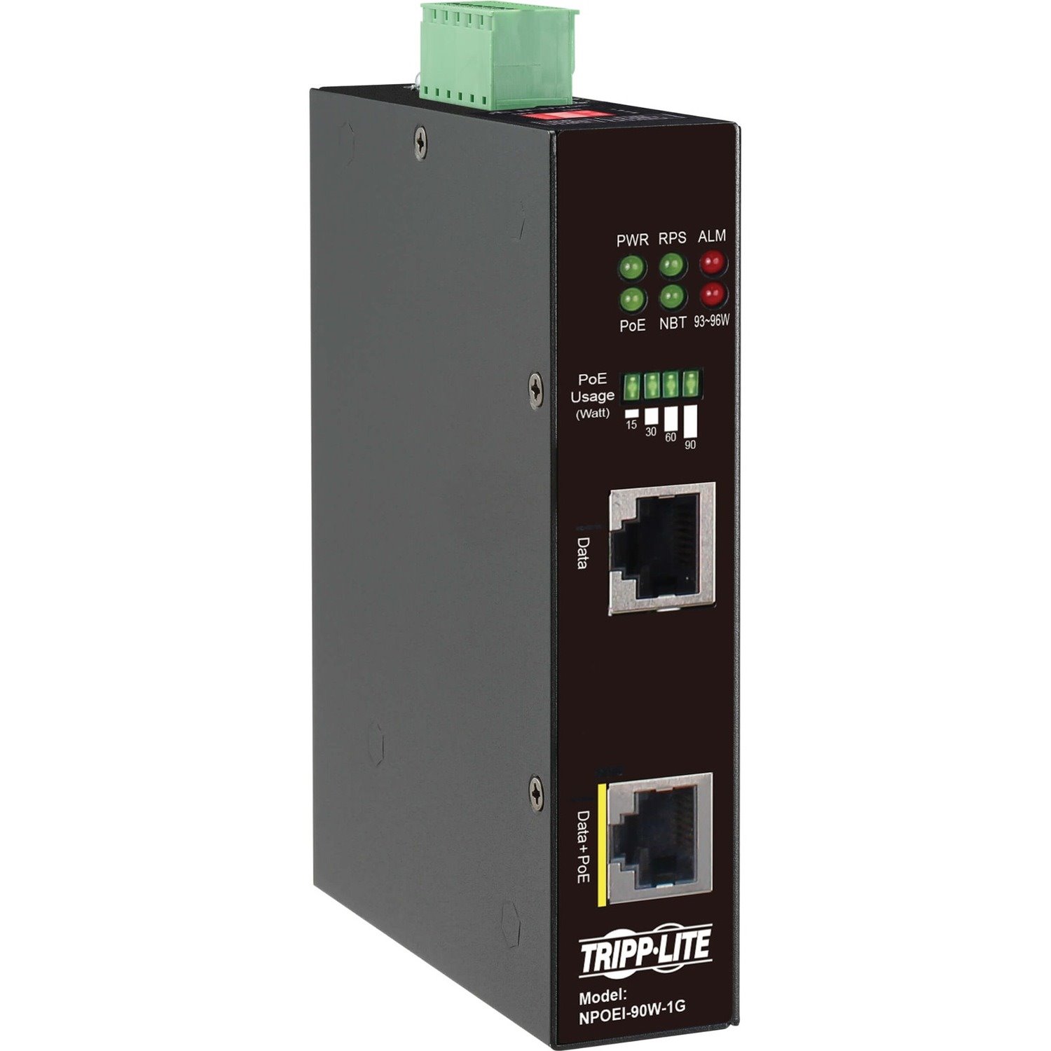 Eaton Tripp Lite Series Industrial Gigabit Ethernet PoE injector, 90W PoE++, 802.3bt, Midspan, -40? to +75?, IP30 housing, Dual 24-57VDC , DIN rail, 1 Port
