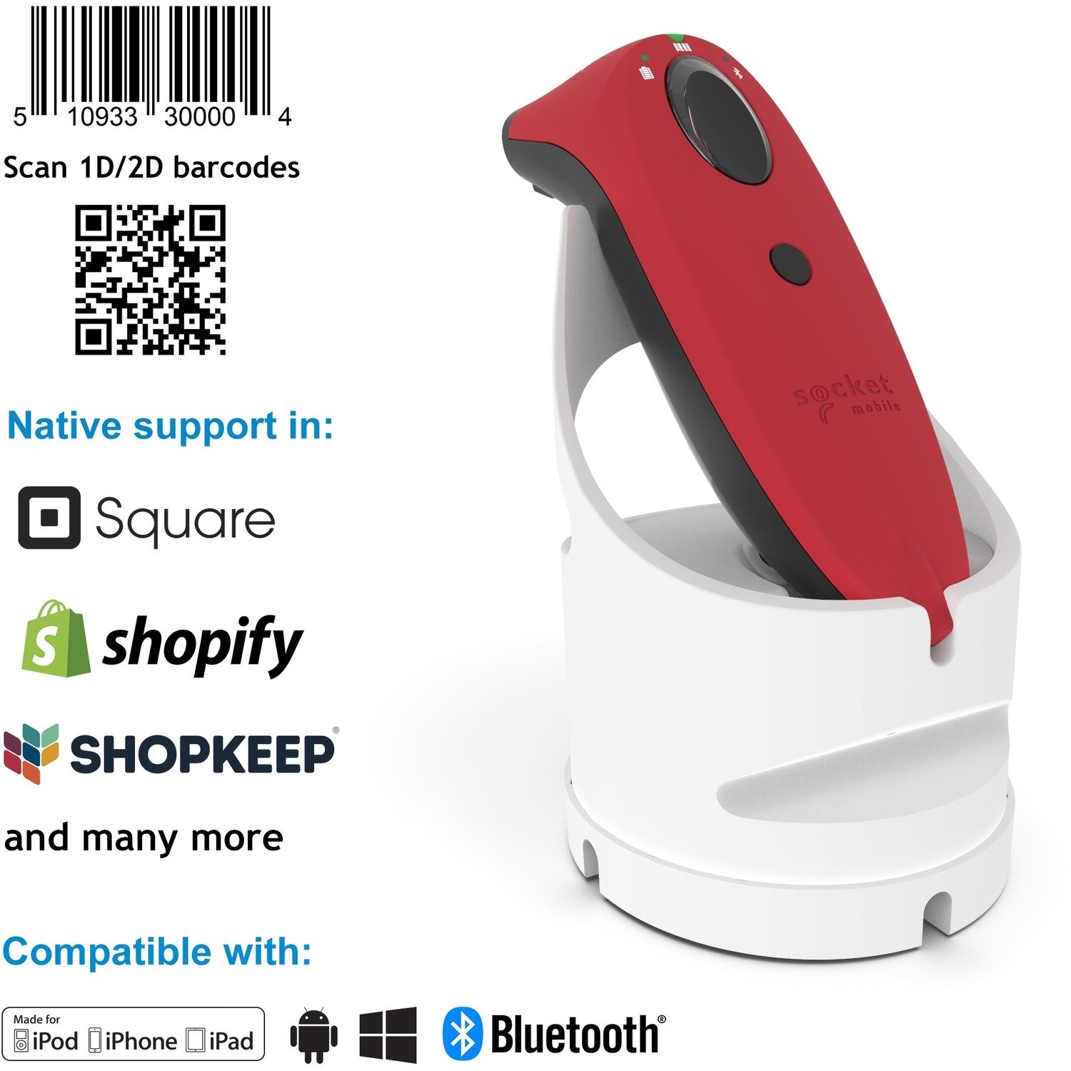 Socket Mobile SocketScan S740 Handheld Barcode Scanner - Wireless Connectivity - Red, White