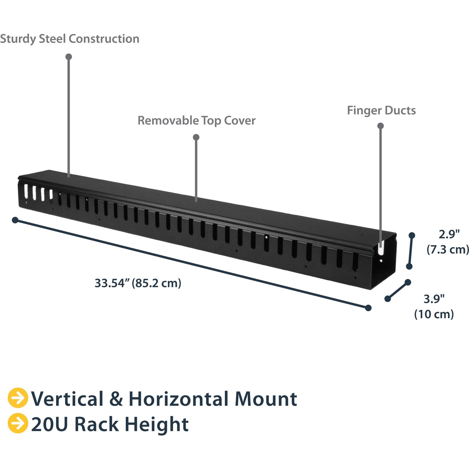 StarTech.com Vertical Cable Organizer with Finger Ducts - Vertical Cable Management Panel - Rack-Mount Cable Raceway - 20U - 3 ft.