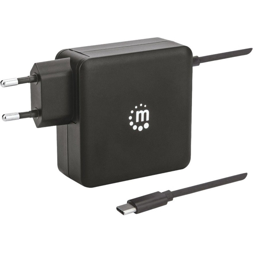 Manhattan Wall/Power Charger (Euro 2-pin), USB-C and USB-A ports, USB-C Output: 60W / 3A, USB-A Output: 2.4A, USB-C 1m Cable Built In, Black, Three Year Warranty, Box