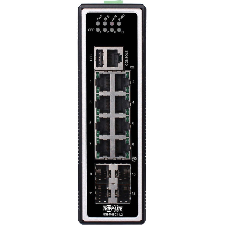 Tripp Lite by Eaton 8-Port Managed Industrial Gigabit Ethernet Switch - Layer 2, 10/100/1000 Mbps, 4 GbE SFP Ports, -40Â&deg; to 75Â&deg;C, DIN Mount - TAA Compliant