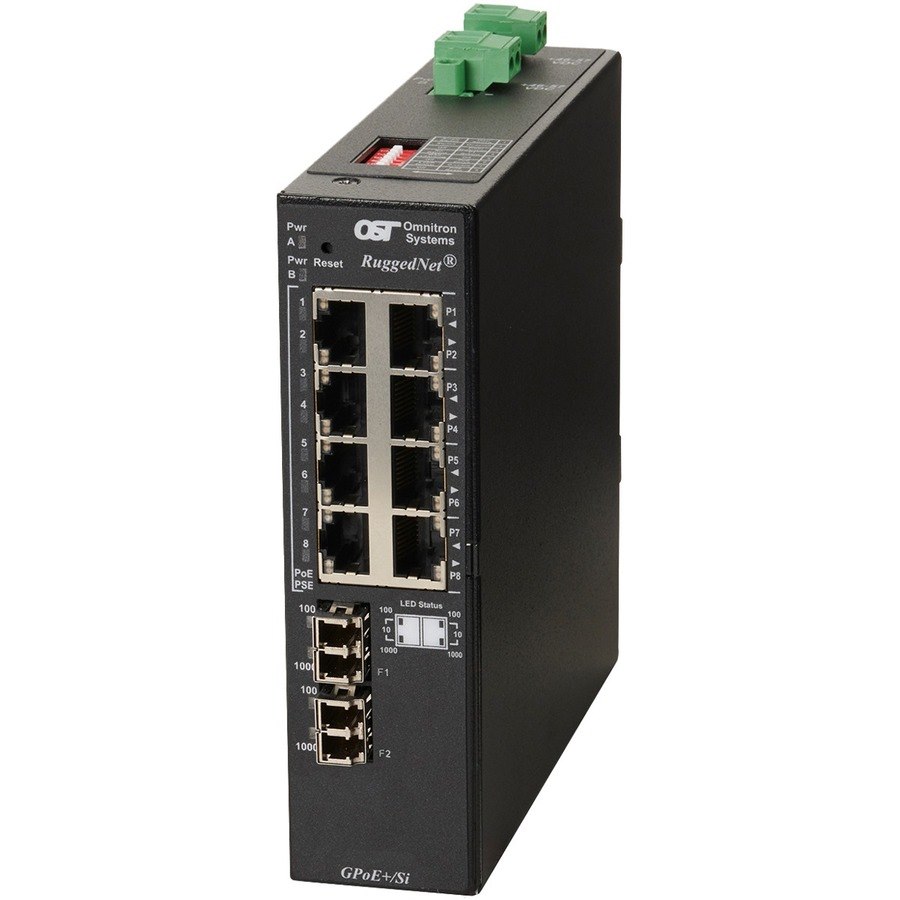 Omnitron Systems RuggedNet Unmanaged Industrial Gigabit PoE+, 2xSM LC, RJ-45, Ethernet Fiber Switch