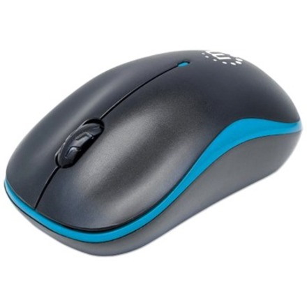 Manhattan Success Wireless Mouse, Black/Blue, 1000dpi, 2.4Ghz (up to 10m), USB, Optical, Three Button with Scroll Wheel, USB micro receiver, AA battery (included), Low friction base, Three Year Warranty, Blister