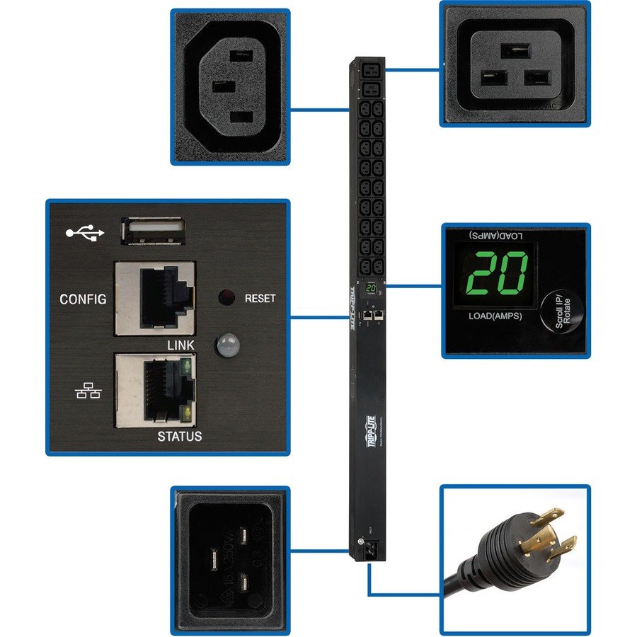 Tripp Lite by Eaton 3.7kW Single-Phase 208/230V Monitored PDU - LX Platform, 18 C13, 2 C19 Outlets, C20 / L6-20P Inputs, 0U 900mm Height, TAA