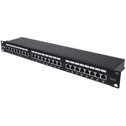 Intellinet Network Solutions Patch Panel, Cat6a, FTP, 24-Port, 1U, Shielded, 90 degree Top-Entry Punch Down Blocks, Black