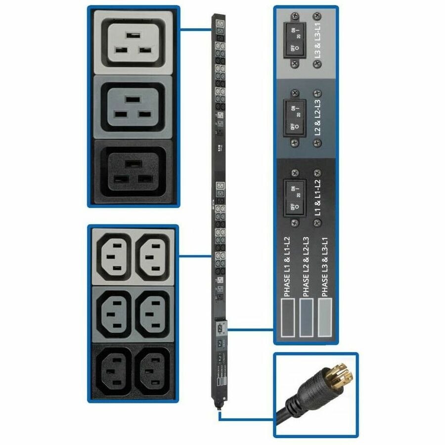 Eaton Tripp Lite Series 8.6kW 208/120V Three-Phase Basic PDU - 48 Outlets (36 C13, 6 C19, 6 5-15/20R), L21-30P Input, 6 ft. Cord, 70 in. 0U Rack