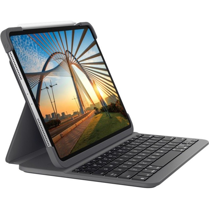 Logitech Slim Folio Pro Keyboard/Cover Case (Folio) for 11" Apple iPad Pro, iPad Pro (2nd Generation) Tablet - Oxford Gray