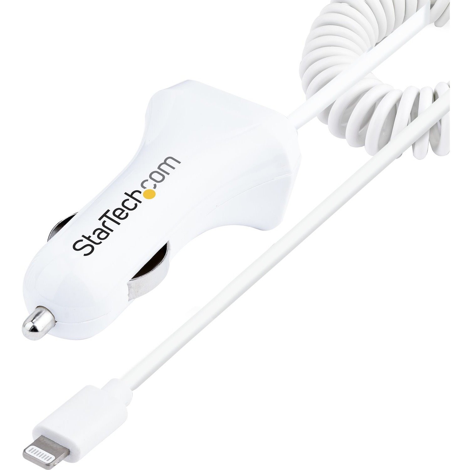 StarTech.com Lightning Car Charger with Coiled Cable, 1m Built-in Cable, 12W, White, 2 Port USB Car Charger Adapter, In Car iPhone Charger