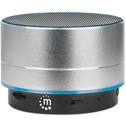 Metallic Bluetooth Speaker (Clearance Pricing), Splashproof, Range 10m, microSD card reader, Aux 3.5mm connector, USB-A charging cable included (5V charging), Silver, Three Years Warranty