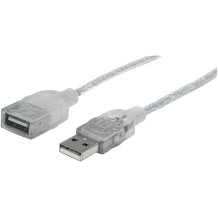 Manhattan USB-A to USB-A Extension Cable, 1.8m, Male to Female, 480 Mbps (USB 2.0), Hi-Speed USB, Translucent Silver, Lifetime Warranty, Polybag