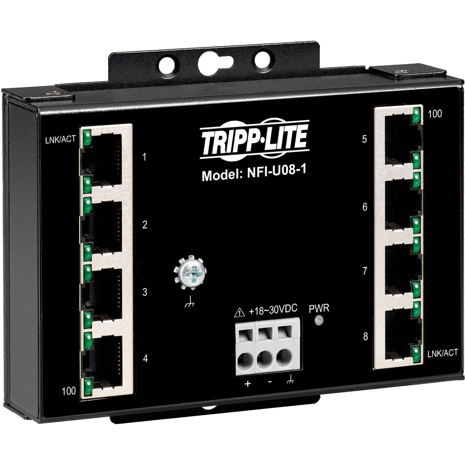 Tripp Lite by Eaton 8-Port Unmanaged Fast Industrial Ethernet Switch 10/100 Mbps Ruggedized -40Â&deg; to 75Â&deg;C DIN/Wall Mount - TAA Compliant