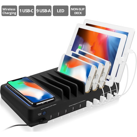 SIIG 10-Port USB-A/C & Wireless Charging Station With Ambient Light Deck