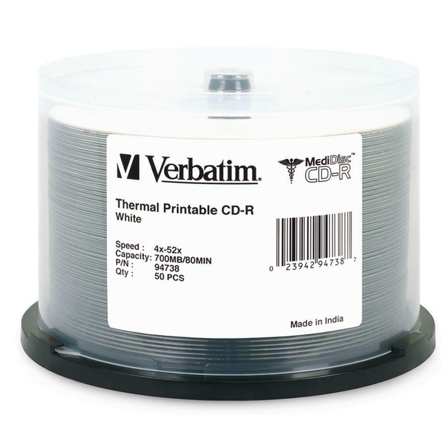 Verbatim MediDisc CD-R 700MB 52X White Thermal Printable with Branded Hub - 50pk Spindle
