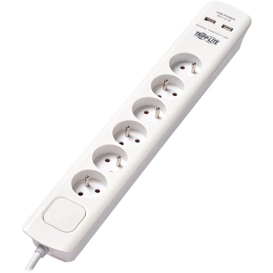 Tripp Lite by Eaton 6-Outlet Surge Protector with USB Charging - French Type E Outlets, 220-250V, 16A, 1.8 m Cord, Type E Plug, White