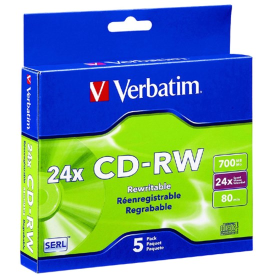 Verbatim 95158 CD Rewritable Media - CD-RW - 24x - 700 MB - 5 Pack Slim Case