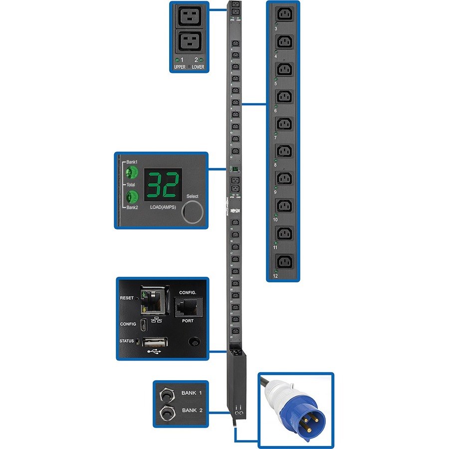 Eaton 7.7kW Single-Phase Switched PDU with LX Platform Interface, 230V Output, IEC 309 32A Blue, 10 ft. (3.05 m) Cord, 0U, TAA