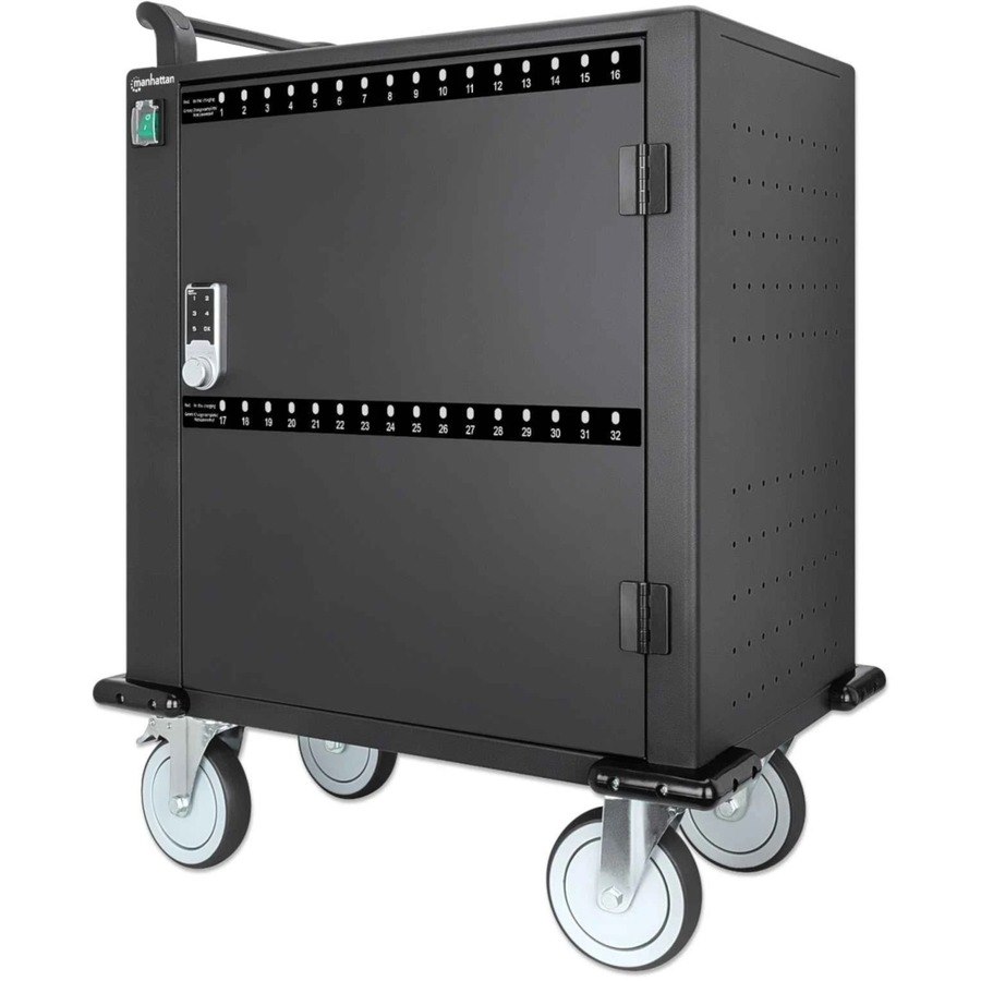 Charging Cabinet/Cart via USB-C x32 Devices, Trolley, Power Delivery 18W per port (576W total), Suitable for iPads/other tablets/phones/smaller chromebooks, Bays 330x22x235mm, Device charging cables not included, Lockable (PIN code), EU & UK power cords