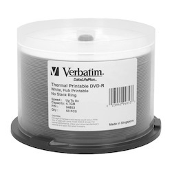 Verbatim DVD-R 4.7GB 8X DataLifePlus White Thermal Printable, Hub Printable - 50pk Spindle