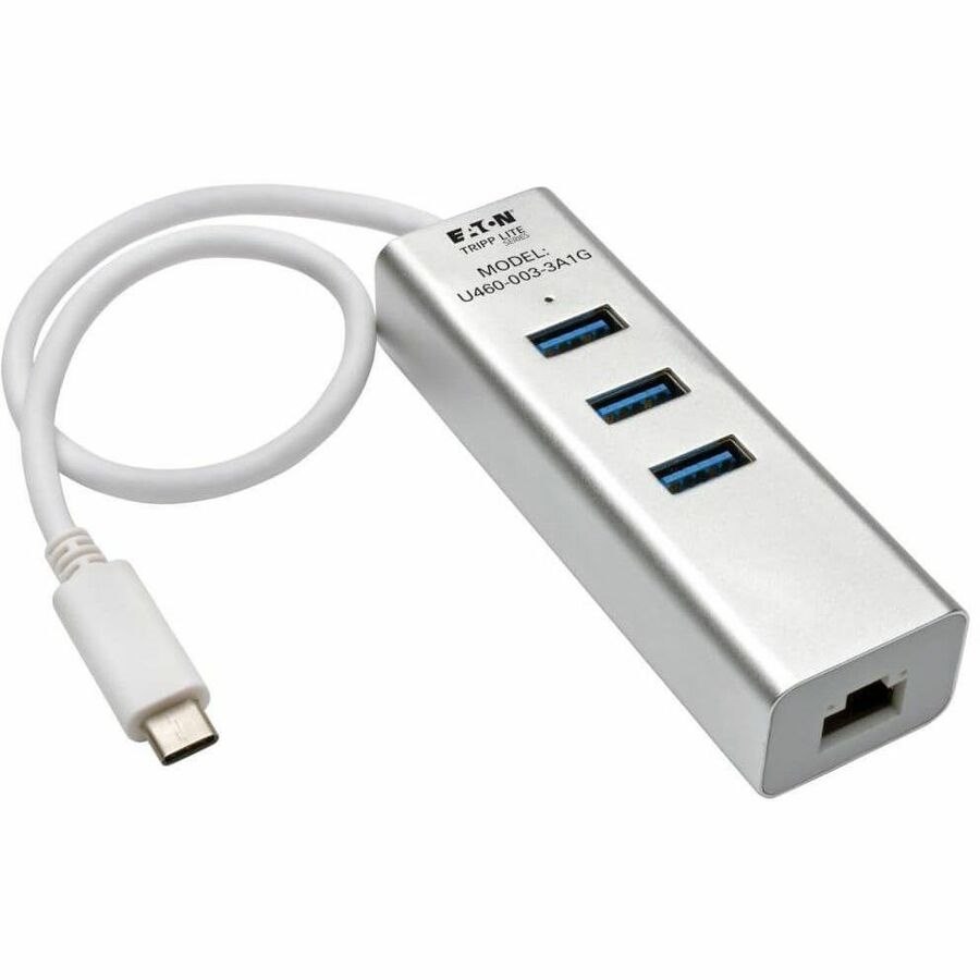 Eaton Tripp Lite Series 3-Port USB 3.x (5Gbps) Hub with LAN Port, USB-C to 3x USB-A Ports and Gigabit Ethernet, Silver