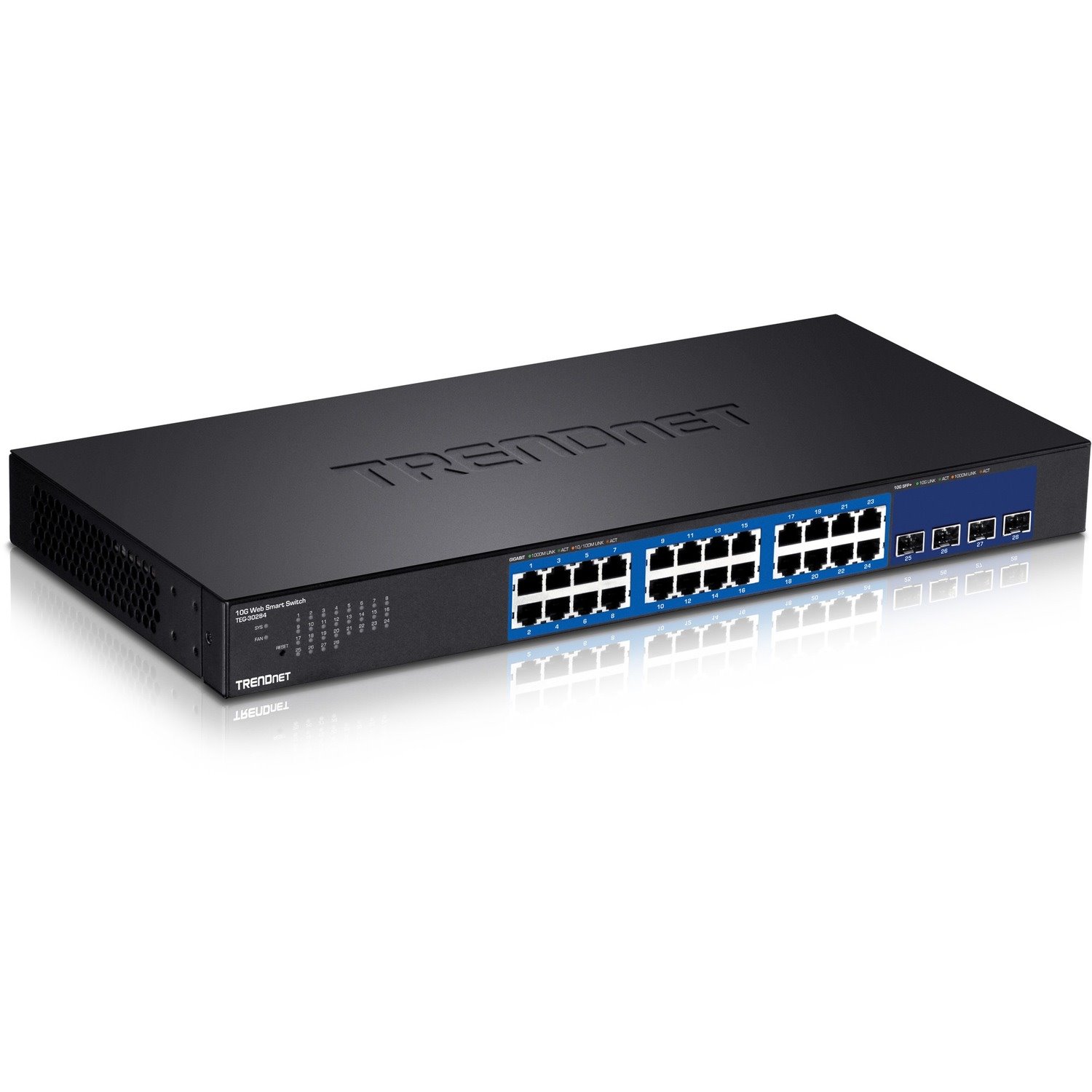 TRENDnet 28-Port Web Smart Switch, 24 x Gigabit Ports, 4 x 10G SFP+ Slots, High Speed Network Uplinks, 128 Gbps Switching Capacity, Network Ethernet Switch, 1U Rack Mountable, Black, TEG-30284