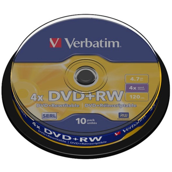 Verbatim 43488 DVD Rewritable Media - DVD+RW - 4x - 4.70 GB - 10 Pack Spindle