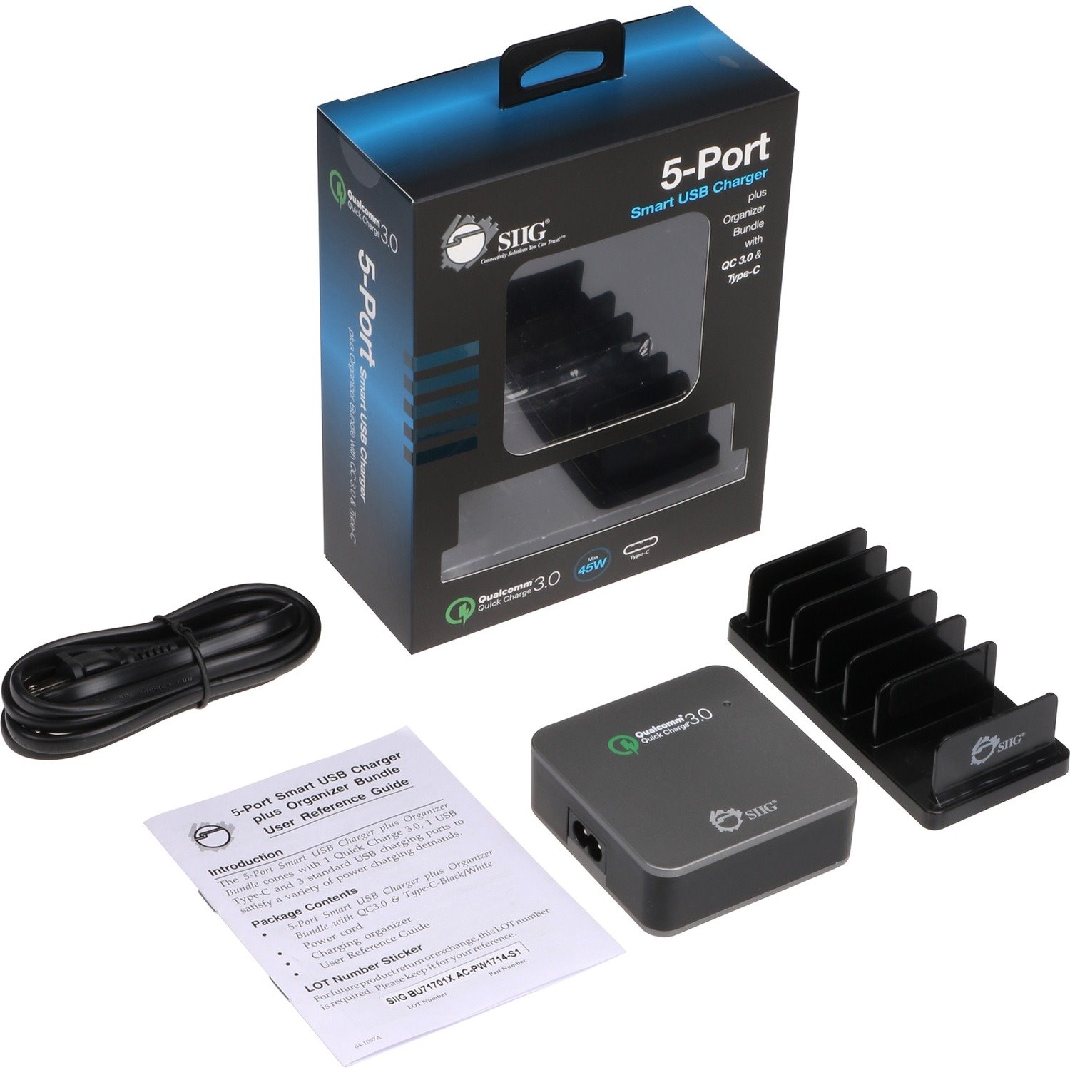 SIIG 5-Port Smart USB Charger plus Organizer Bundle with QC3.0 & USB-C - Black