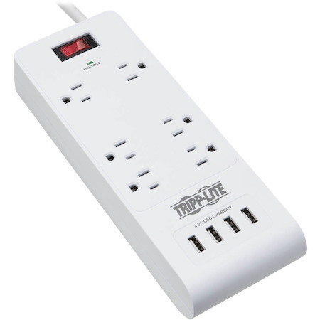 Tripp Lite by Eaton 6-Outlet Surge Protector with 4 USB Ports (4.2A Shared) - 15 ft. (4.57 m) Cord, 5-15P Plug, 900 Joules, White