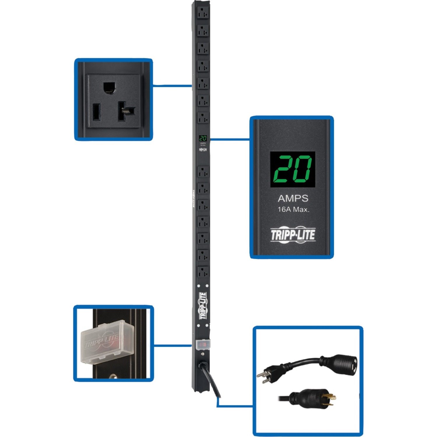 Eaton Tripp Lite Series 2kW Single-Phase Local Metered PDU, 100-127V Outlets (14 5-15/20R), L5-20P/5-20P adapter, 0U Vertical, 36 in. Height