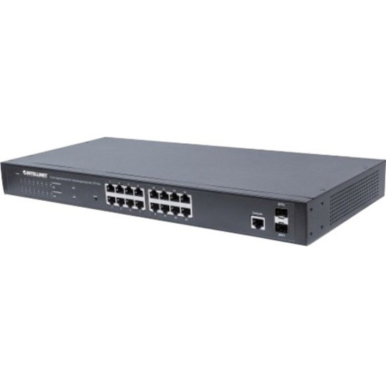 Intellinet 16-Port Gigabit Ethernet PoE+ Web-Managed Switch with 2 SFP Ports, IEEE 802.3at/af Power over Ethernet (PoE+/PoE) Compliant, 374 W, Endspan, 19" Rackmount (With C14 2 Pin Euro Power Cord)