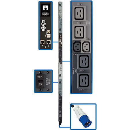 Tripp Lite by Eaton PDU 16.2kW 208V 3PH Monitored Per-Outlet PDU - LX Interface Gigabit 18 Outlets IEC 309 60A Blue Input LCD 1.8 m Cord 0U 1.8 m Height TAA