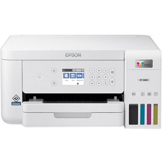 Epson EcoTank ET-3830 Inkjet Multifunction Printer-Color-Copier/Scanner-4800x1200 dpi Print-Automatic Duplex Print-5000 Pages-270 sheets Input-Color Flatbed Scanner-2400 dpi Optical Scan-Wireless LAN-Epson Smart Panel App-Epson Email Print
