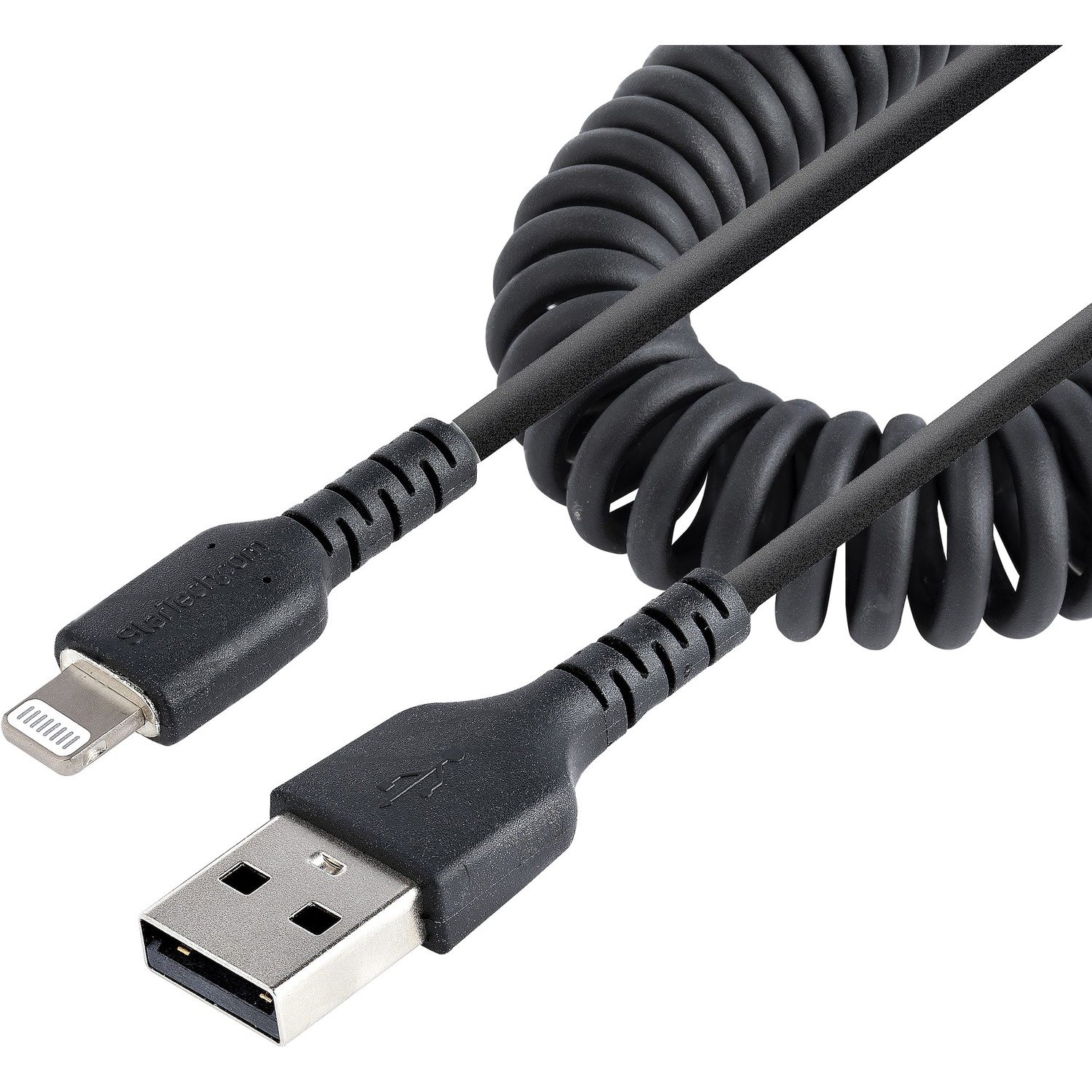 StarTech.com 1m (3ft) USB to Lightning Cable, MFi Certified, Coiled iPhone Charger Cable, Black, Durable TPE Jacket Aramid Fiber