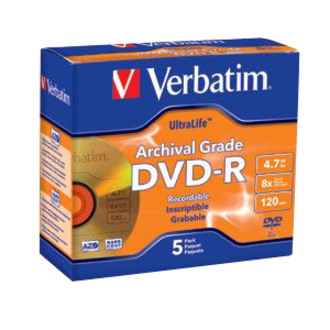 Verbatim DVD-R 4.7GB 16X UltraLife Gold Archival Grade with Branded Surface and Hard Coat - 5pk Jewel Case