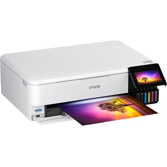 Epson ET-8550 Inkjet Multifunction Printer-Color-Copier/Scanner-5760x1440 dpi Print-Automatic Duplex Print-100 sheets Input-Color Flatbed Scanner-1200 dpi Optical Scan-Wireless LAN-Epson Connect-Android Printing-Mopria