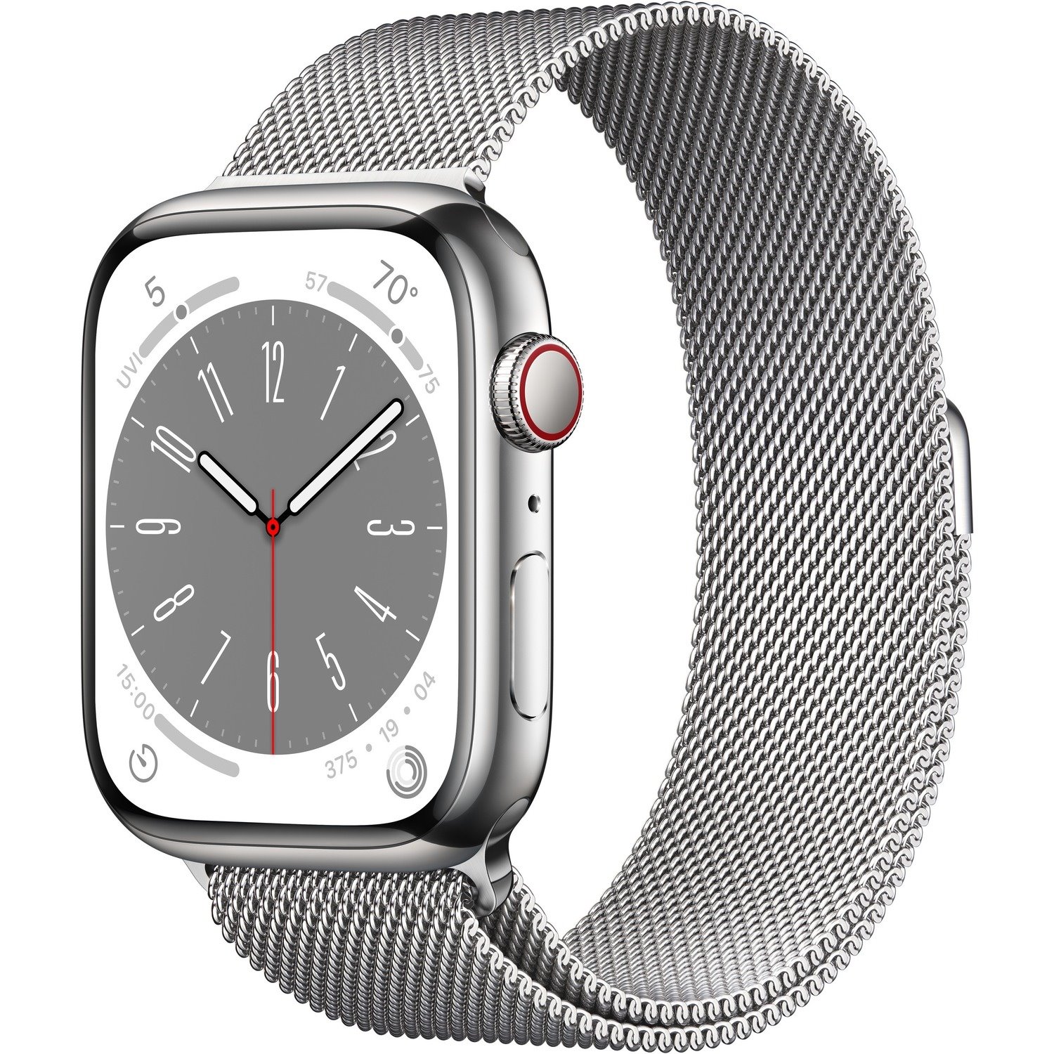 Apple Watch Series 8 Smart Watch - 41 mm Case Height - 35 mm Case Width - Silver Case Color - White Band Color - Stainless Steel Case Material - Stainless Steel Band Material - Wireless LAN - LTE, UMTS