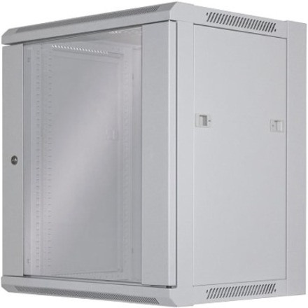 Network Cabinet, Wall Mount (Standard), 12U, 450mm Deep, Grey, Flatpack, Max 60kg, Metal & Glass Door, Back Panel, Removeable Sides, Suitable also for use on a desk or floor, 19" , Parts for wall installation not included, Three Year Warranty