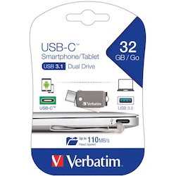 Verbatim 32 GB USB 3.1 Type C, USB 3.0 Flash Drive - Metallic Grey